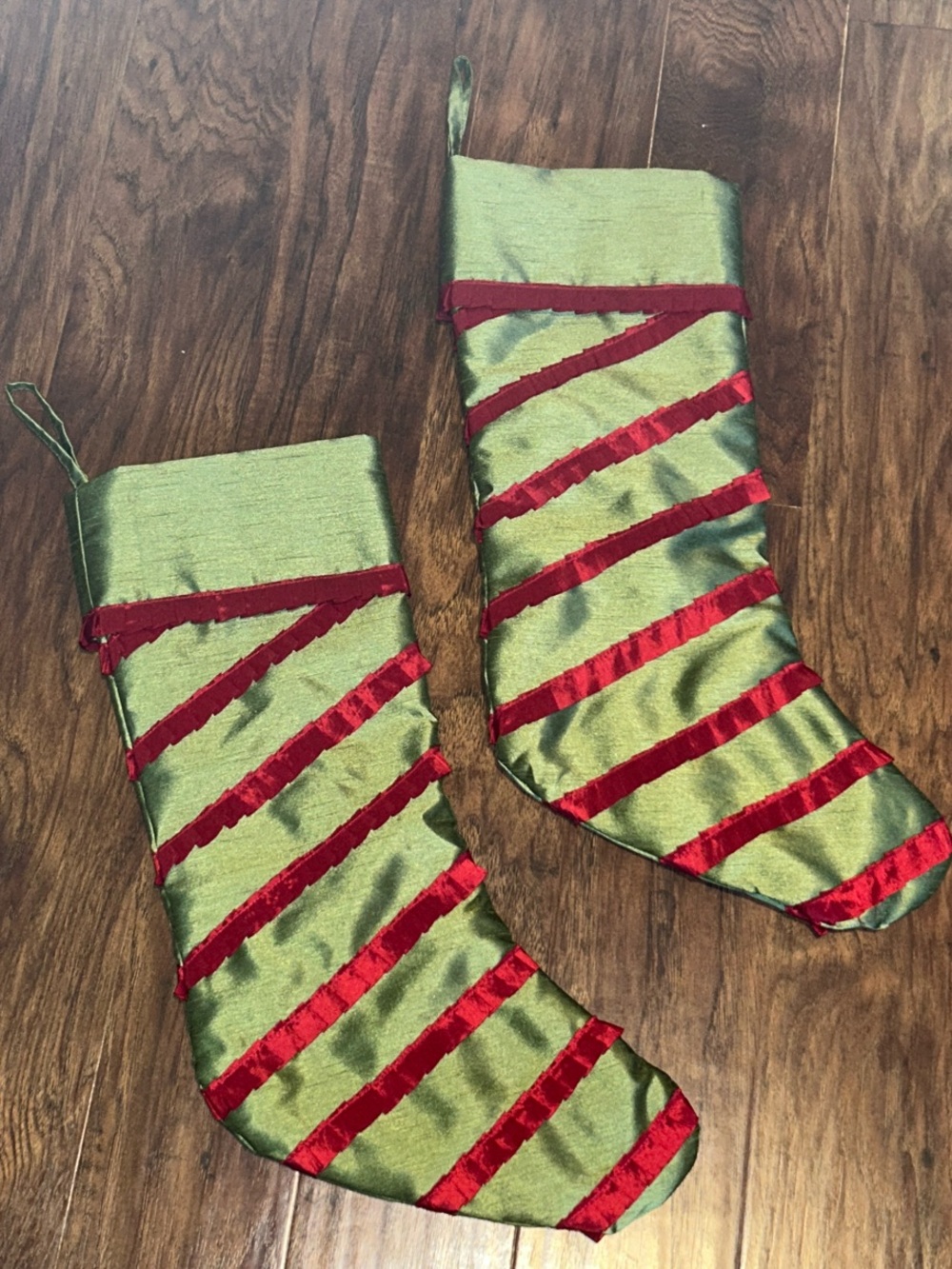 Olive green and Burgundy pair of Christmas stockings